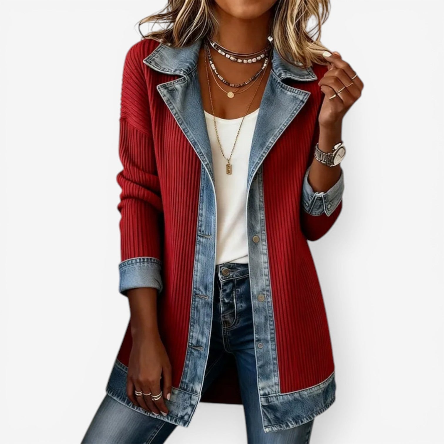 Relaxed Denim Textured Knit Jacket