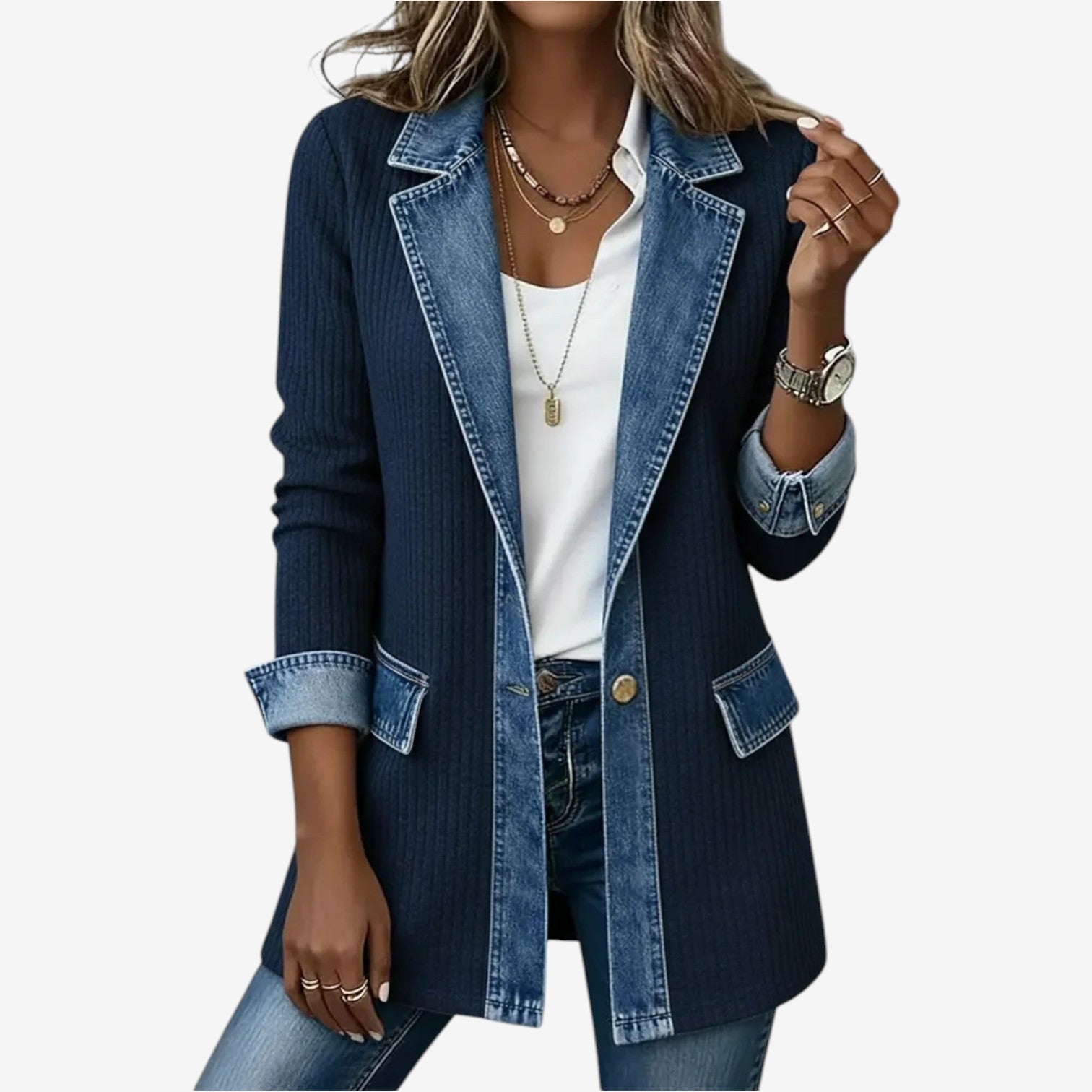 Relaxed Denim Textured Knit Jacket