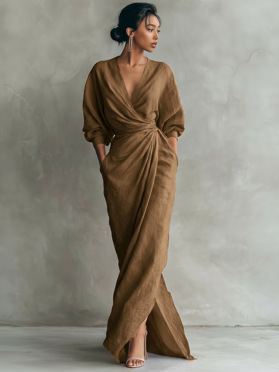Naomi | Minimalist pink maxi dress with a V-neck in a linen blend