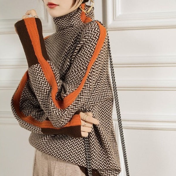 Contrast Stripe Turtleneck Sweater