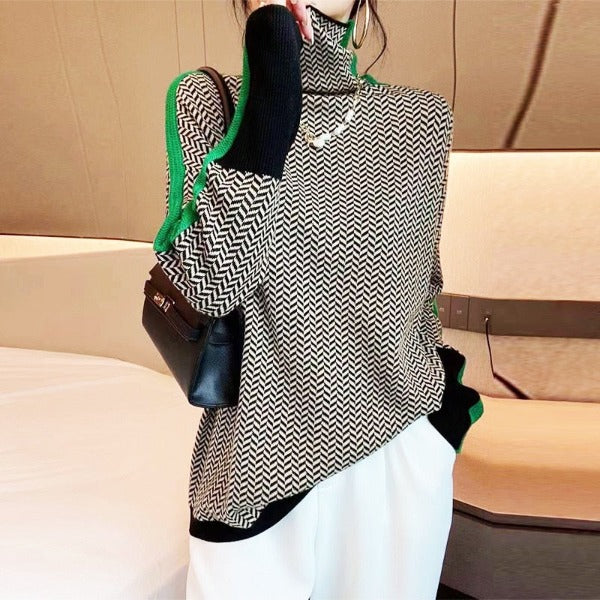 Contrast Stripe Turtleneck Sweater