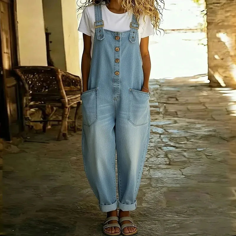 Everly - Relaxed Button Front Denim Overalls