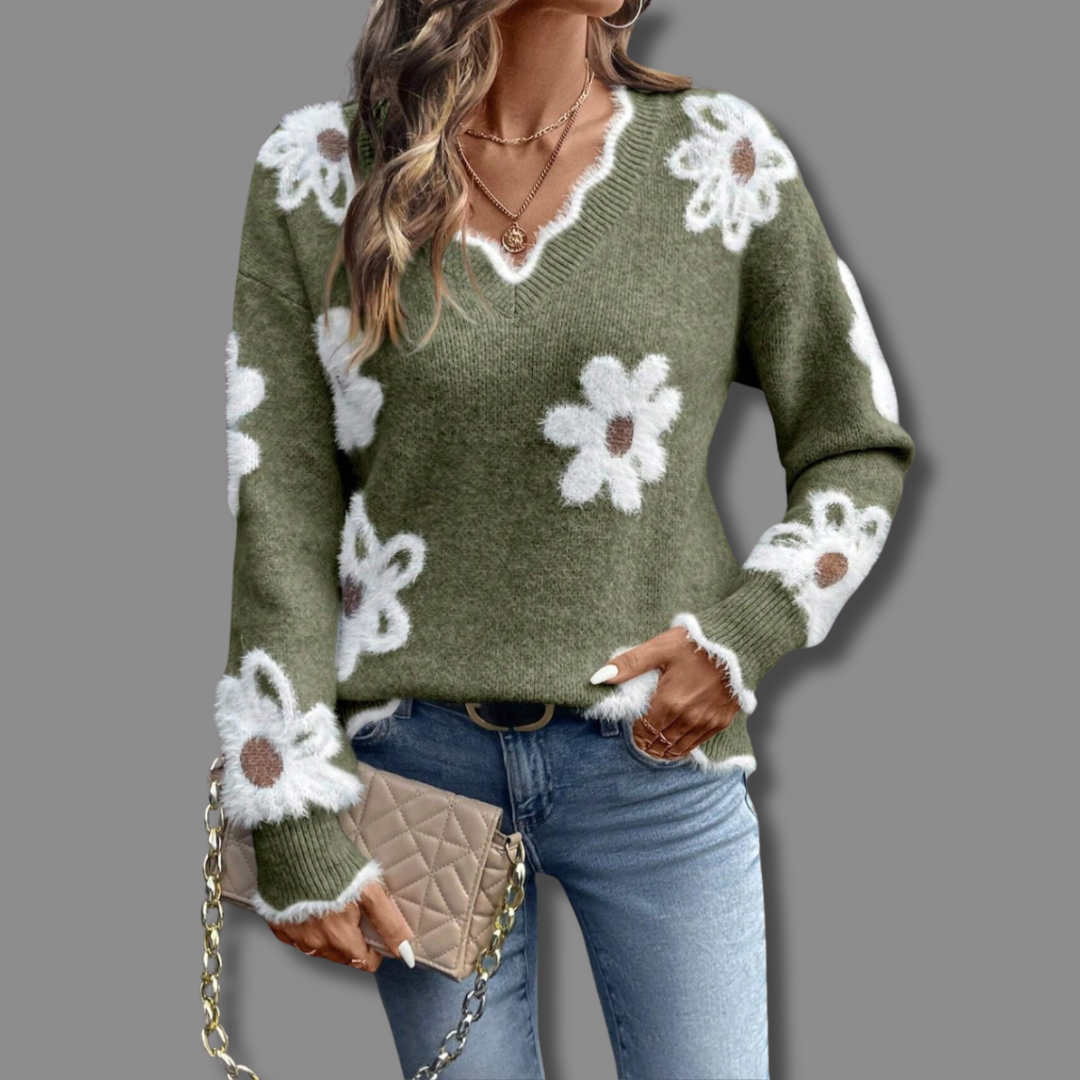 V-Neck Floral Intarsia Sweater