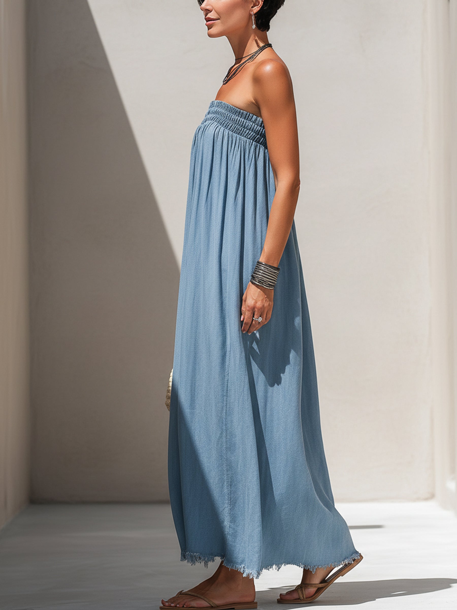 Strapless Denim Maxi Dress with Frayed Hem