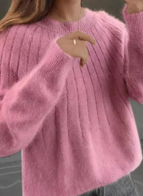 Ribbed Crewneck Sweater with Faux Fur Collar