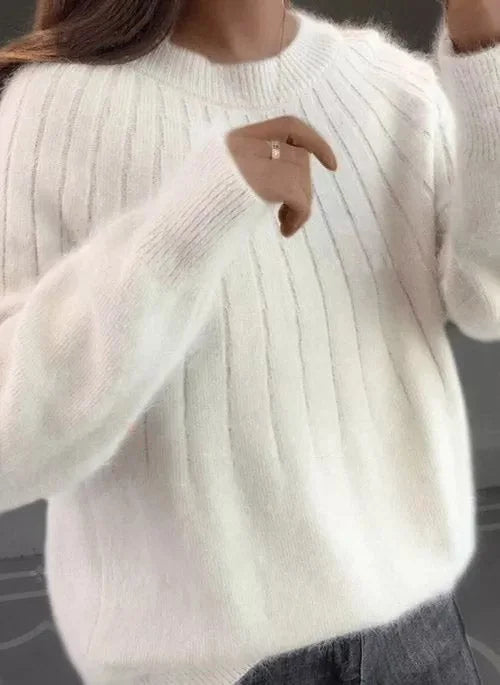 Ribbed Crewneck Sweater with Faux Fur Collar
