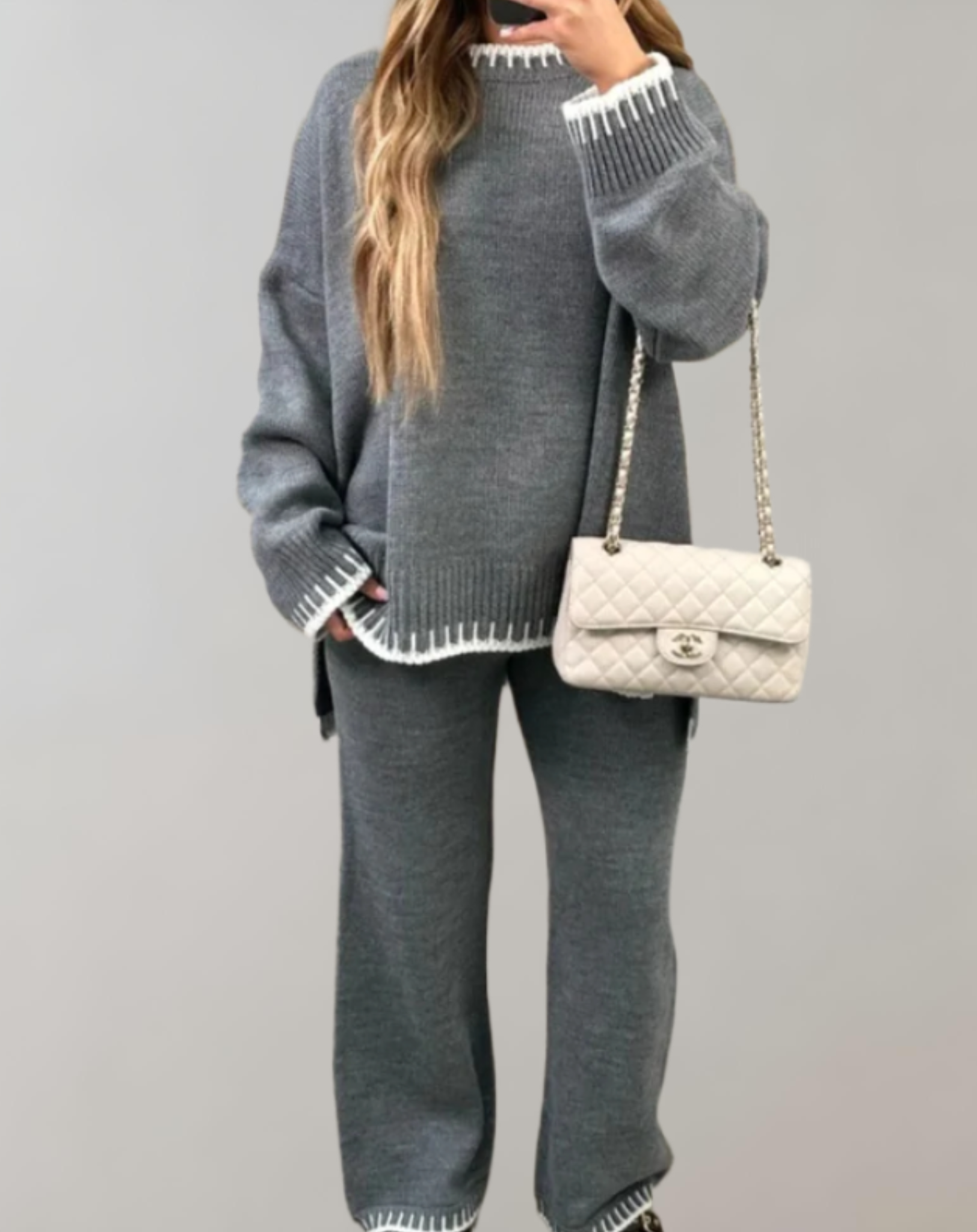 Ladies oversized knitted two-part set | Comfortable sweater and wide pants