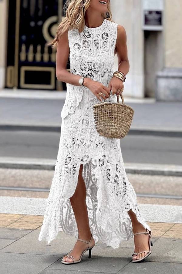 Isla | Crochet Hollow-Out Maxi Dress Set
