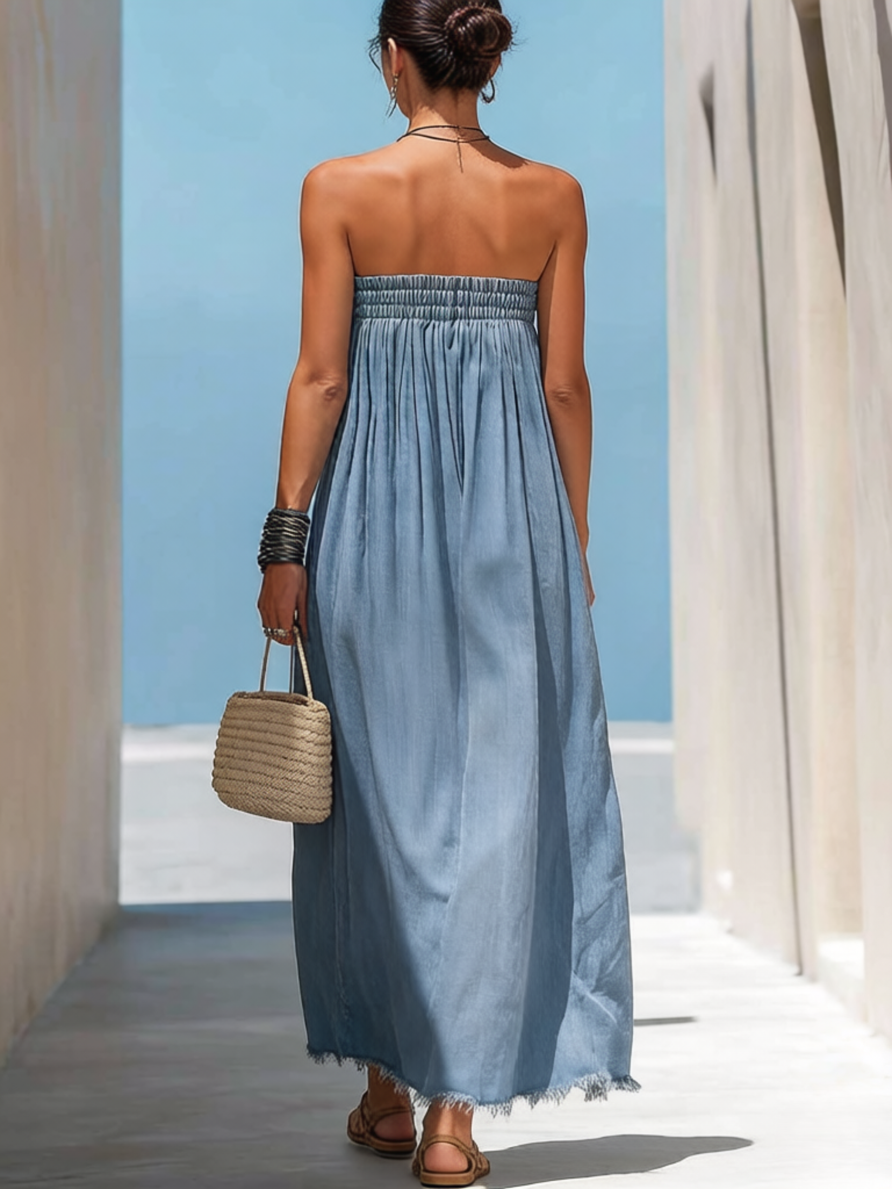 Strapless Denim Maxi Dress with Frayed Hem