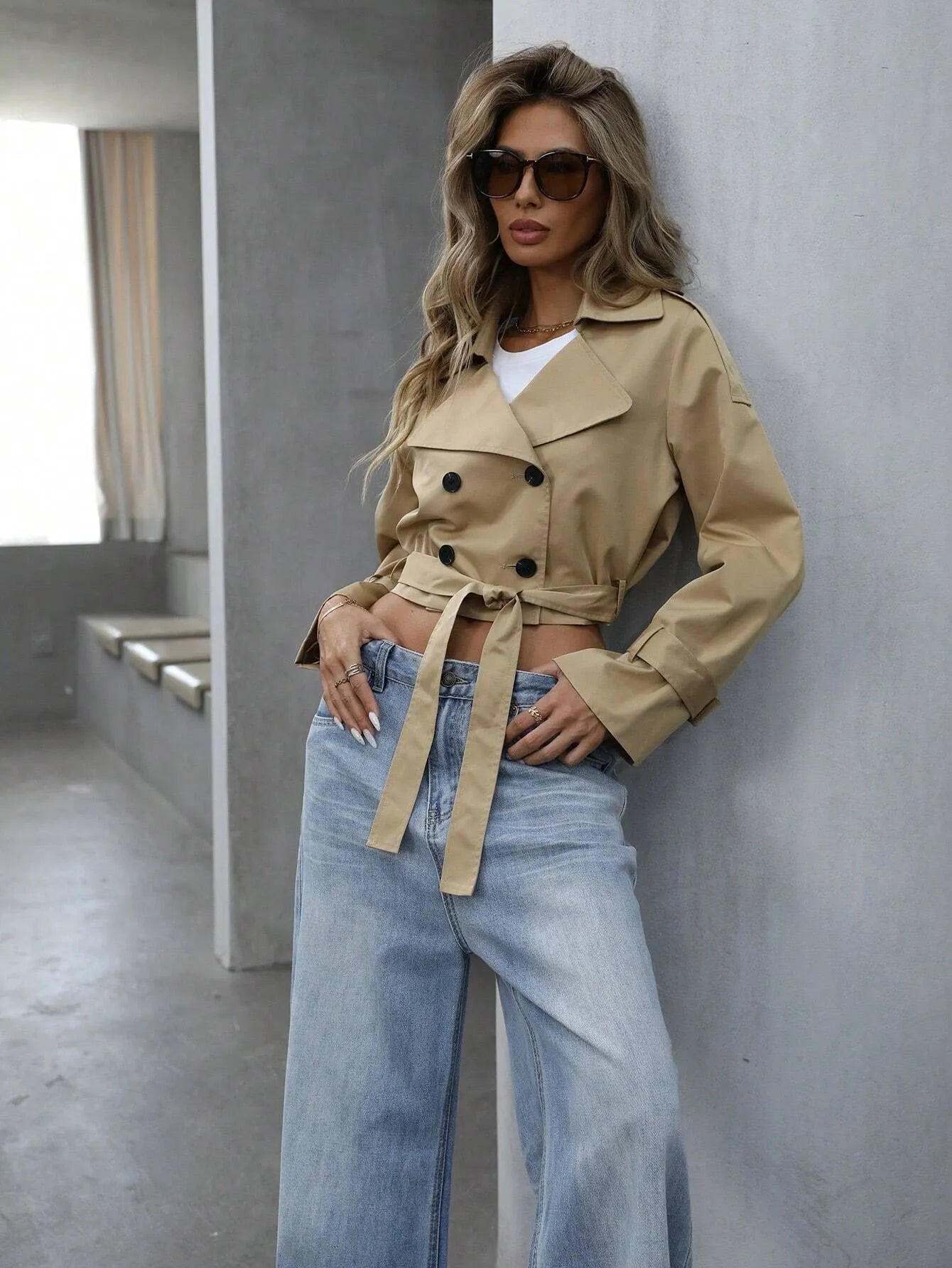 Cropped Belted Trench Jacket