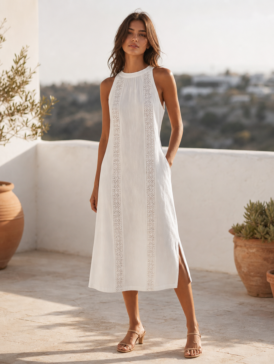 Jimena linen midi dress with mao collar, full-length view