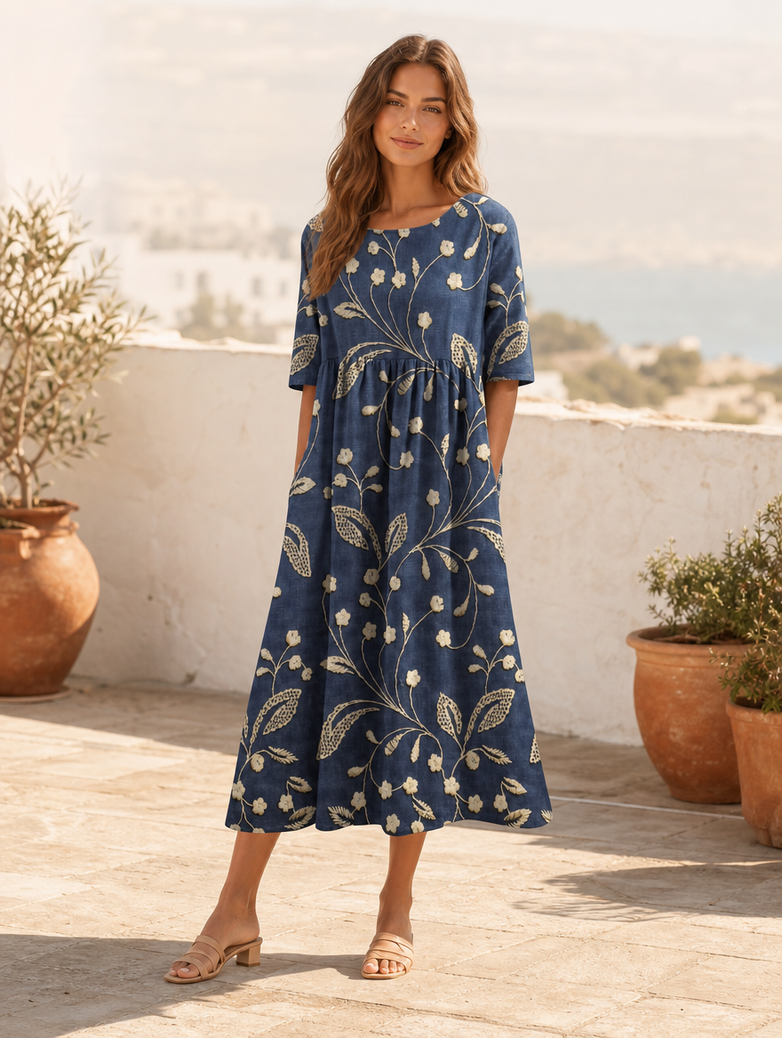 Djala flattering dress in navy blue, full-length view