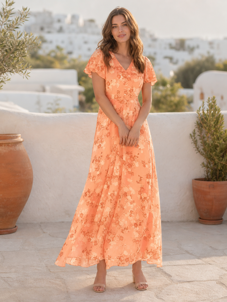 Lola figure flattering dress in orange, full-length view