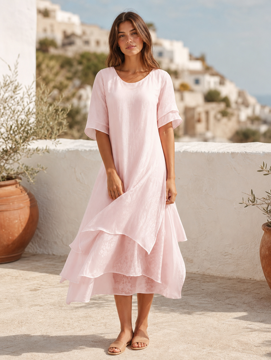 April elegant dress in pink, full-length view