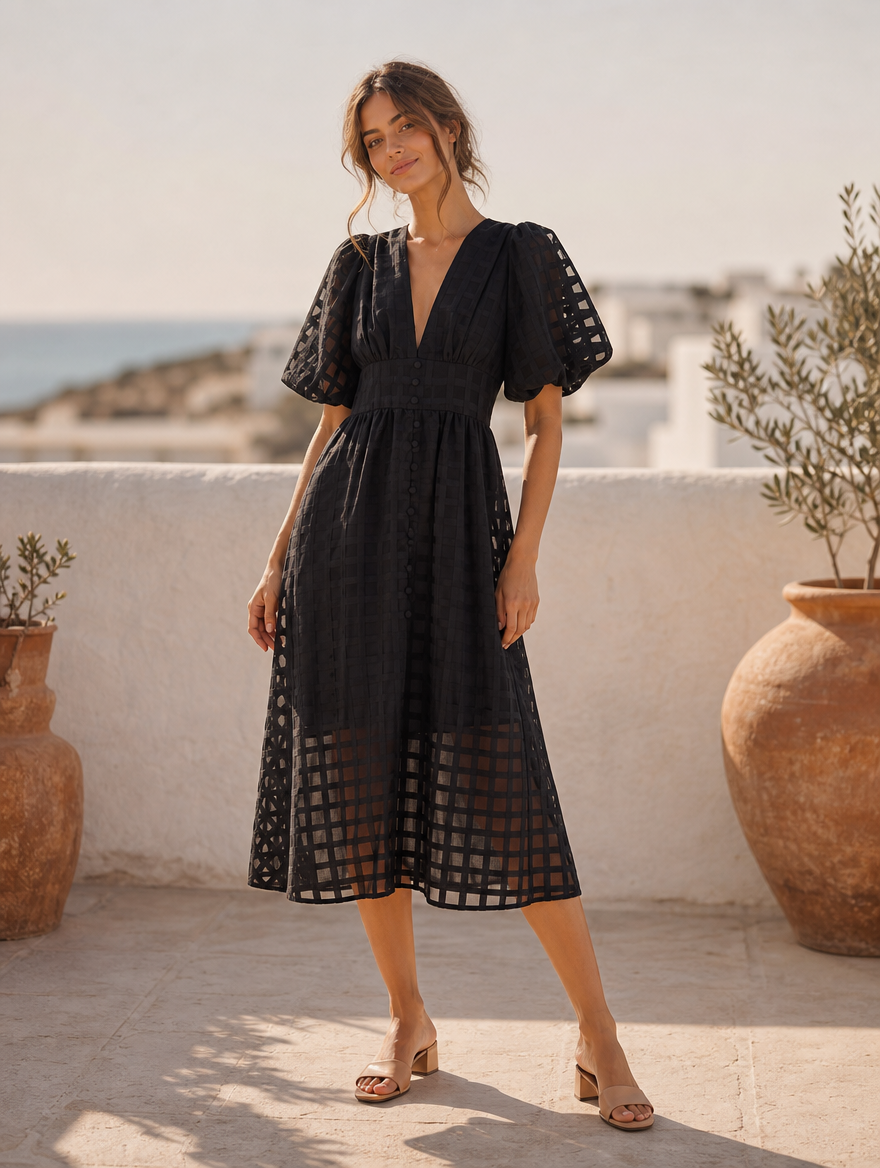 Elanqi elegant midi dress in pink, full-length view
