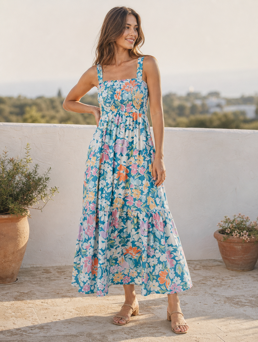 Floral maxi dress with smocked bodice and adjustable straps, full-length view