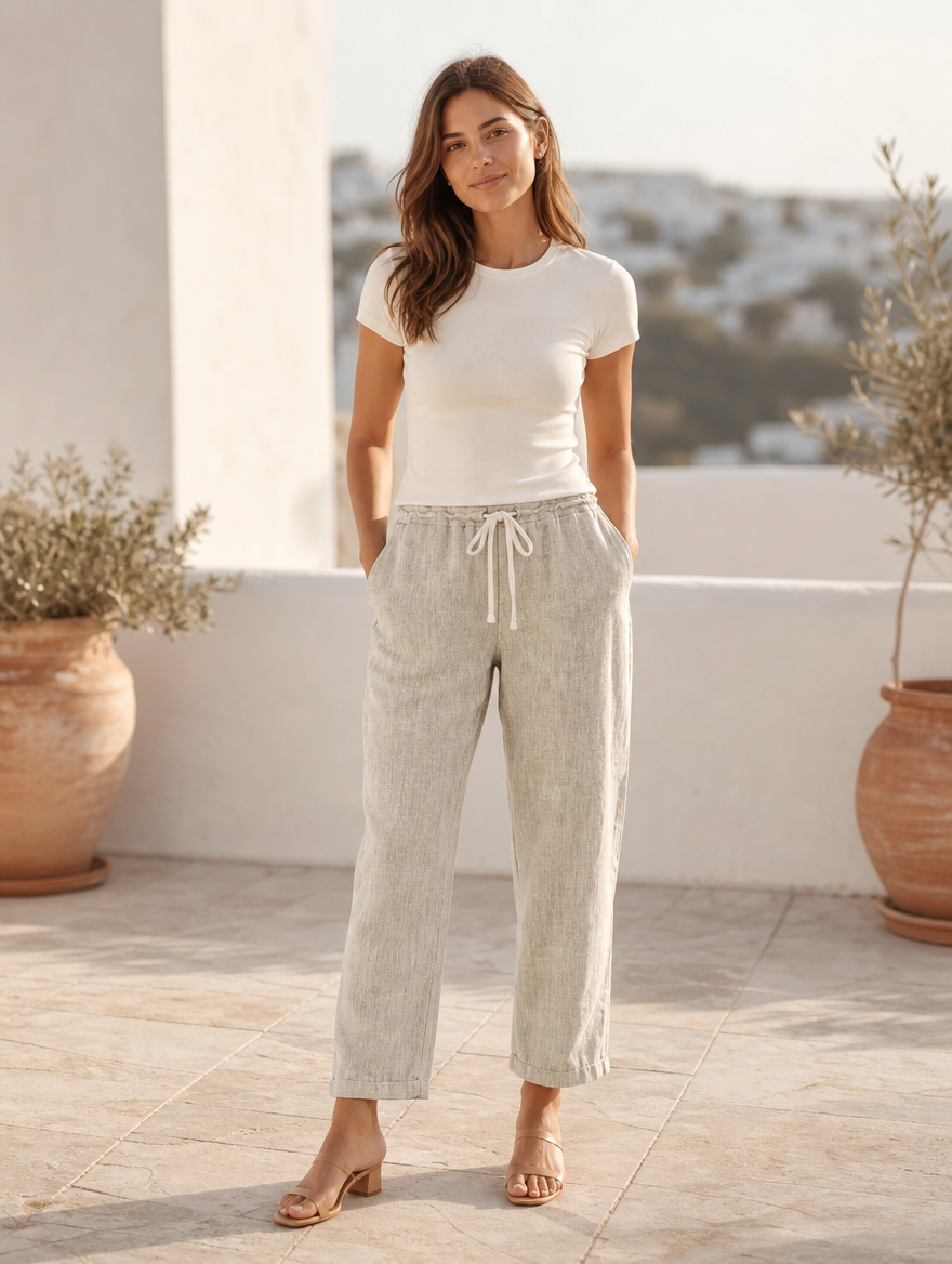 Comfortable beige linen pants, full-length view