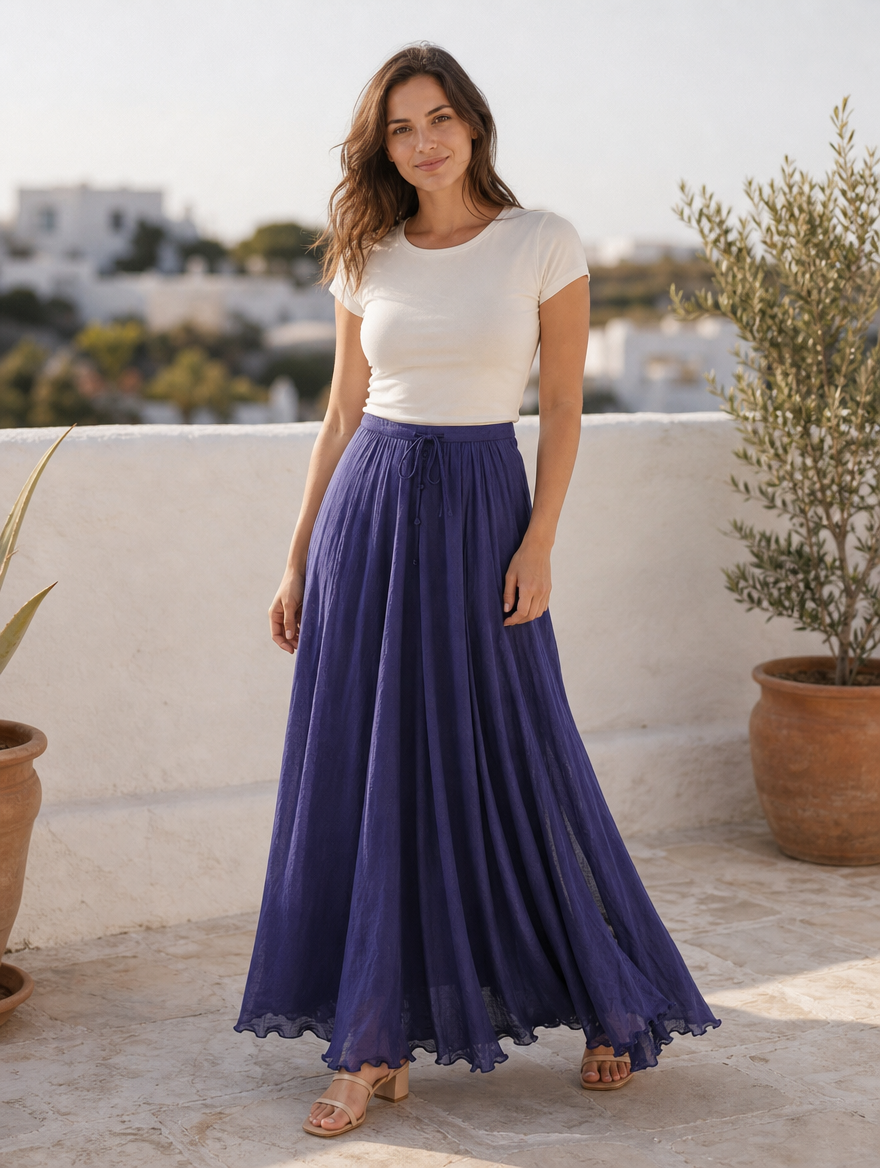 Flowy marine maxi skirt, full-length view