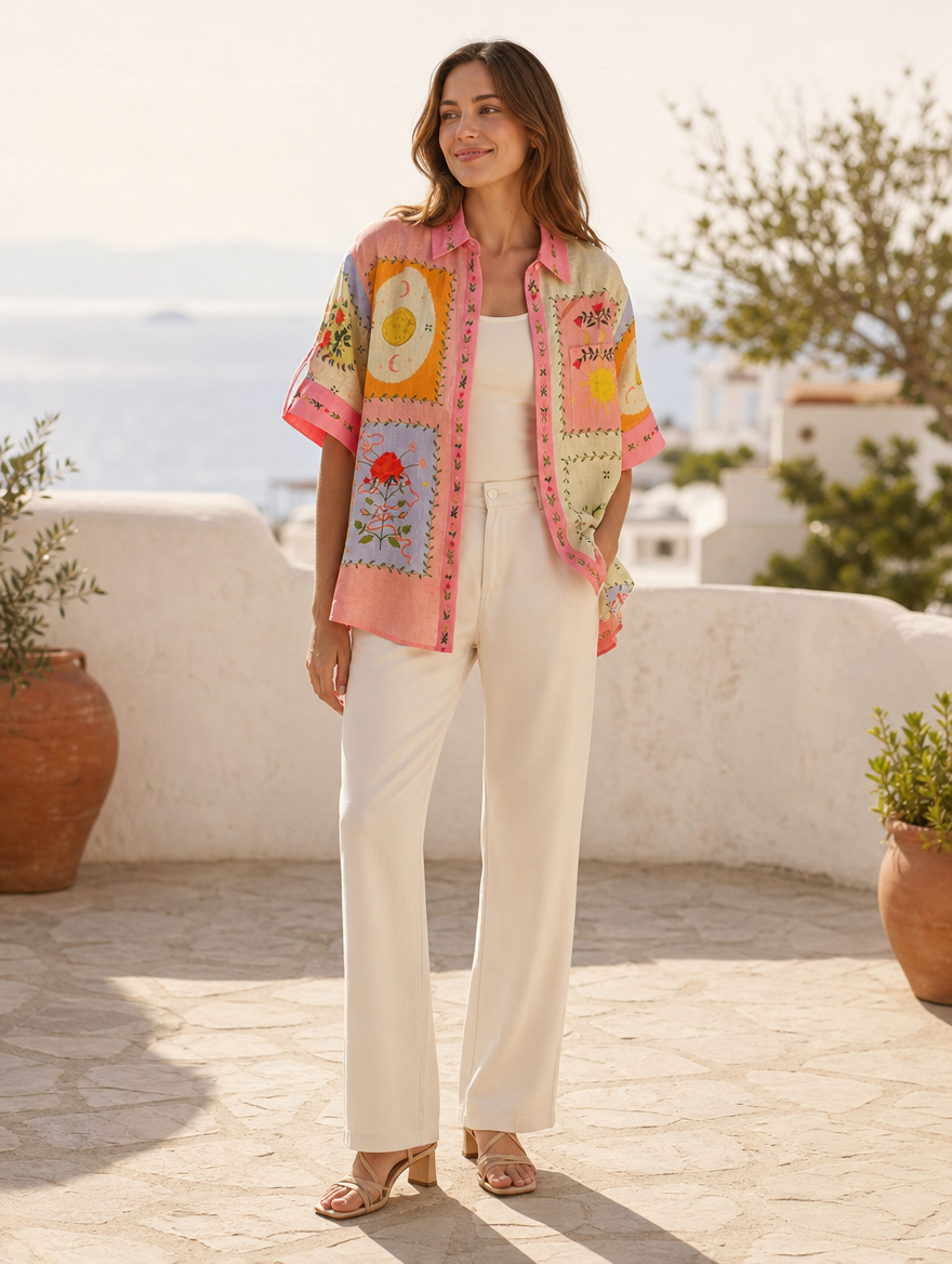 Women's linen cardigan with boho artistic print, worn open