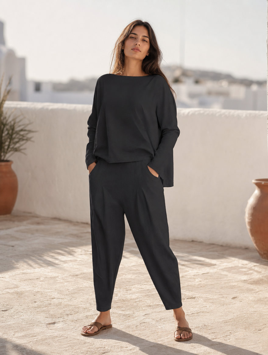 Maya casual loose-fit top and pants set, full-length view