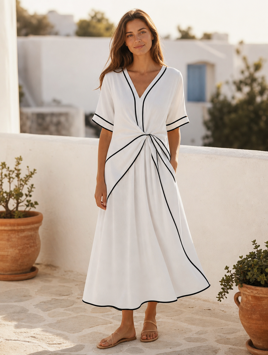 Linnea V neck short sleeve gathered waist midi dress, full-length view
