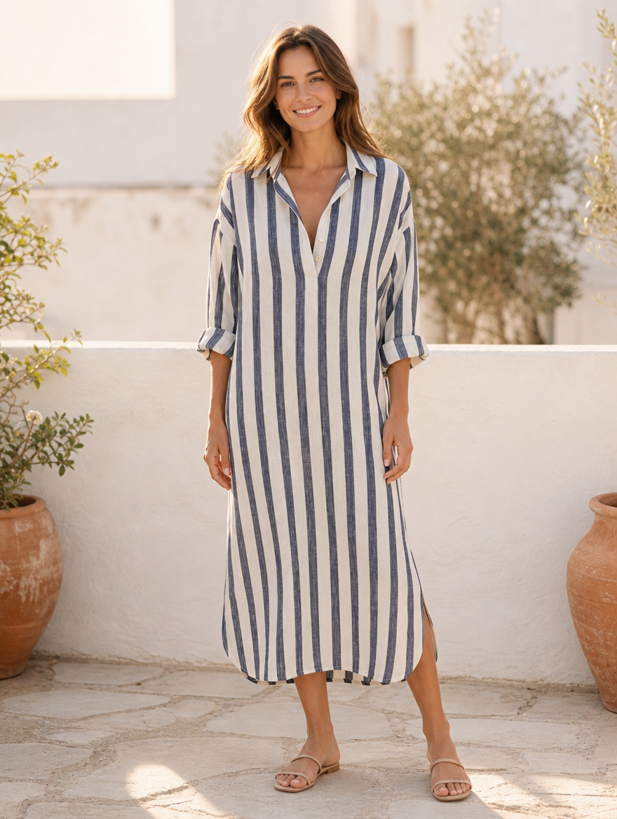 Naomi long sleeve striped midi shirt dress, full-length view