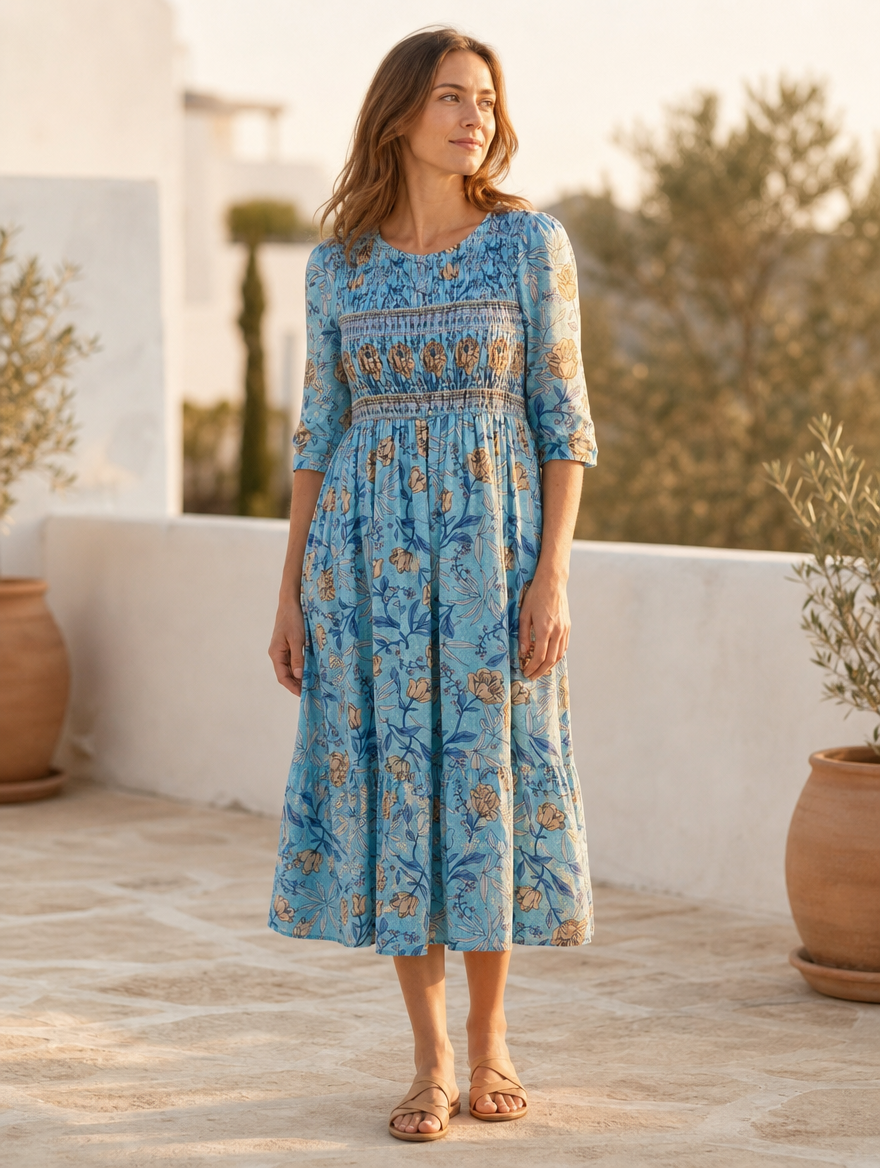 Halia meadow gather midi dress, full-length view