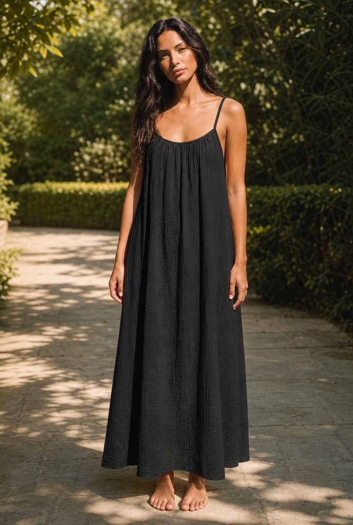 Backless cami dress worn in a sunlit garden