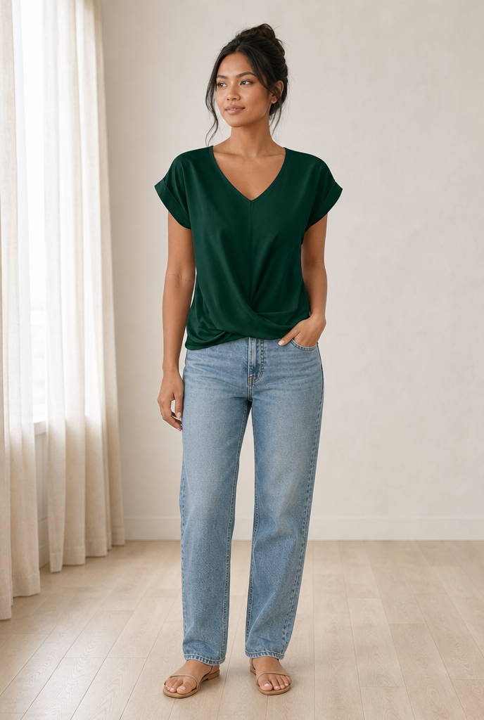 Everyday V-neck top worn in a bright minimal interior