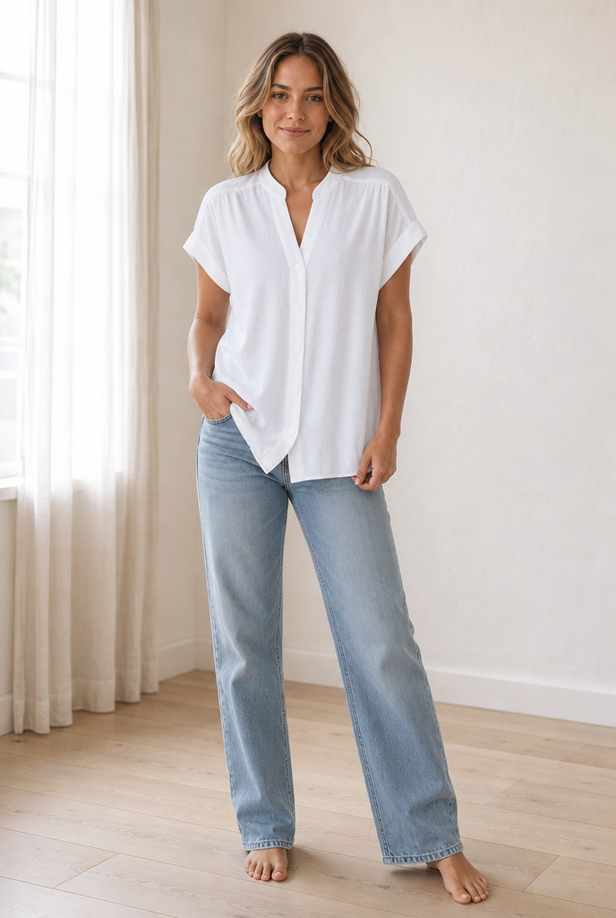 Breezy everyday shirt worn in a bright minimal interior