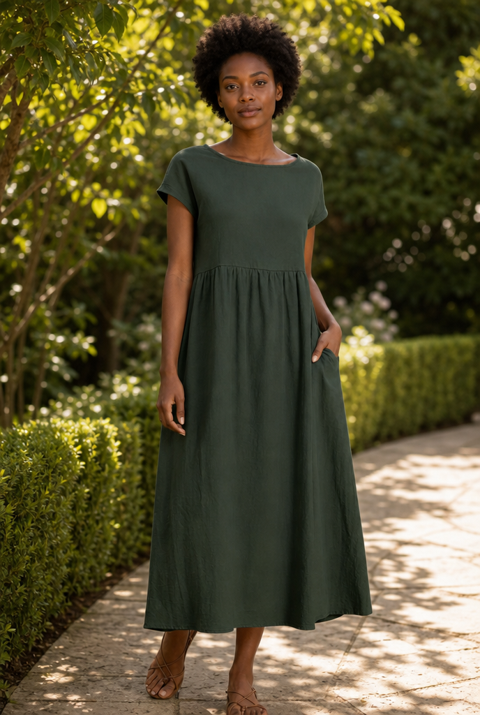 Casual pocket dress worn in a sunlit garden