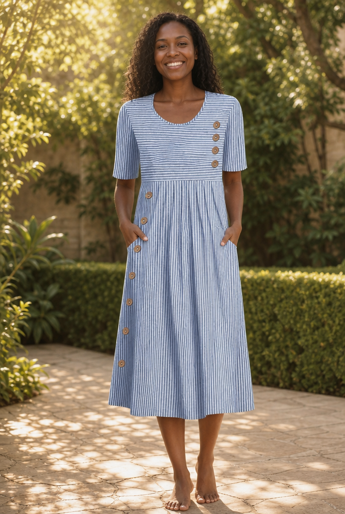 Striped midi dress worn in a sunlit garden