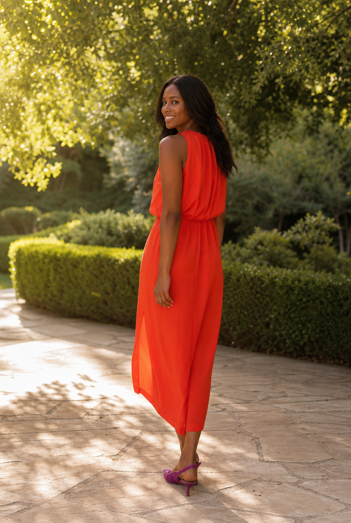 High-neck flowing midi dress worn in a sunlit garden
