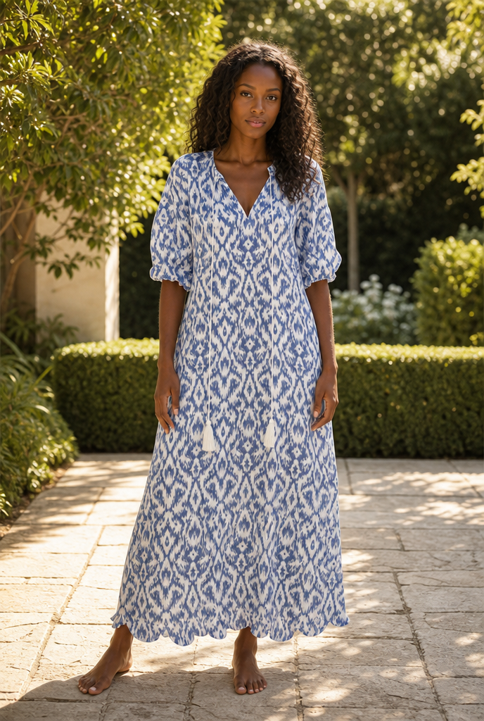 Lantern sleeve boho dress worn in a sunlit garden