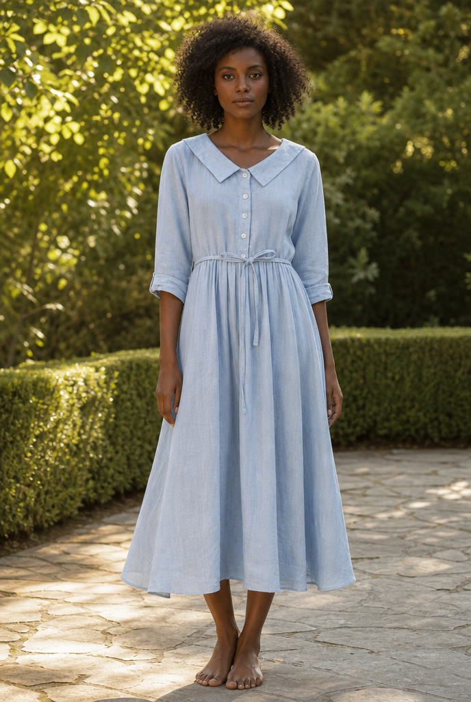 Linen blend midi dress worn in a sunlit garden