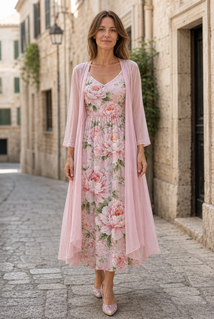 Floral two-piece dress set on a quiet European street
