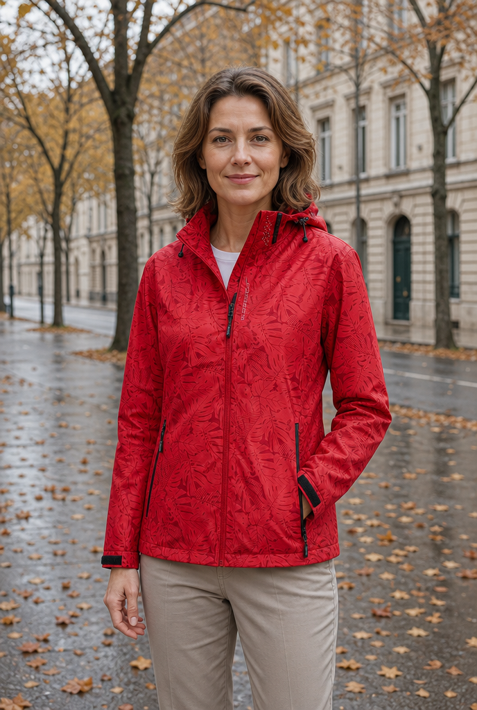 Woman in a hooded windproof jacket on an autumn street