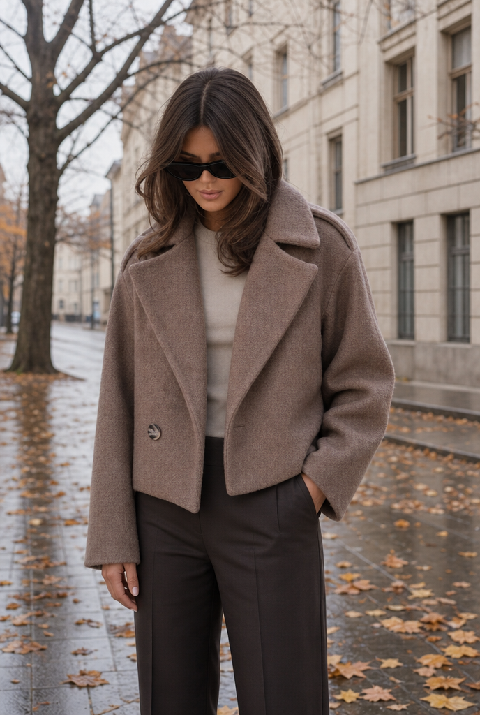 Woman in a cropped wool blend jacket on an autumn street
