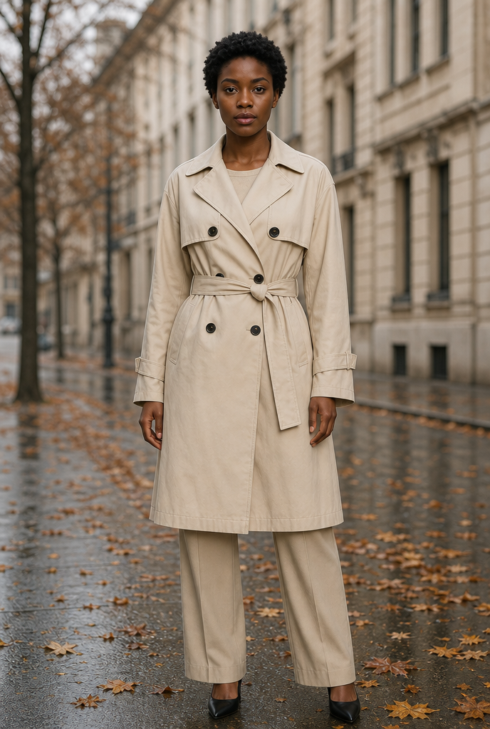 Woman in a double-breasted trench coat on an autumn street