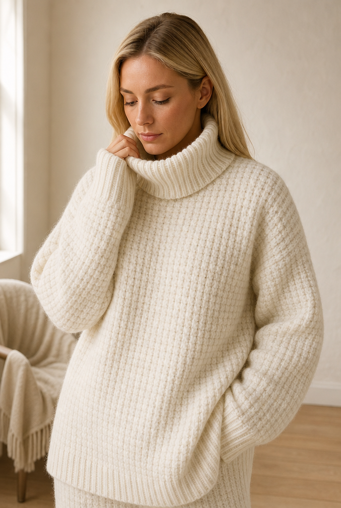 Woman in a chunky ribbed knit jumper in a warm interior