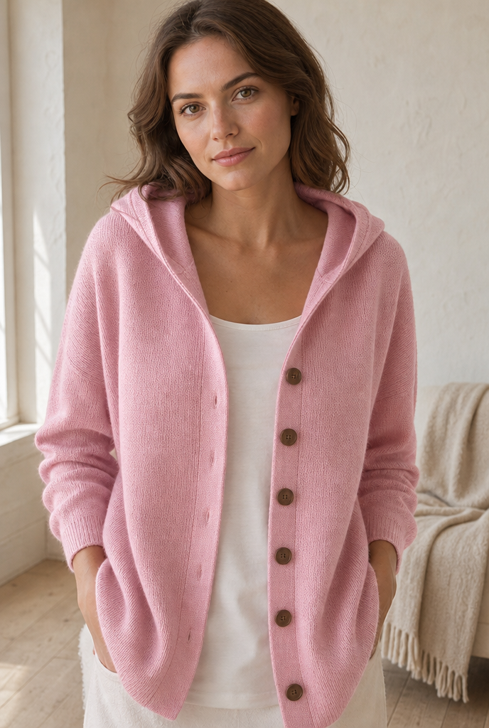 Woman in a soft knit cardigan in a warm interior