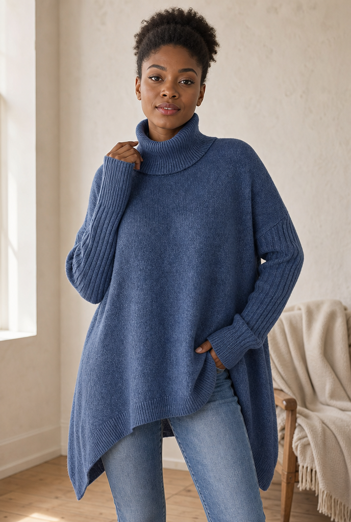 Woman in a long ribbed turtleneck sweater in a warm interior