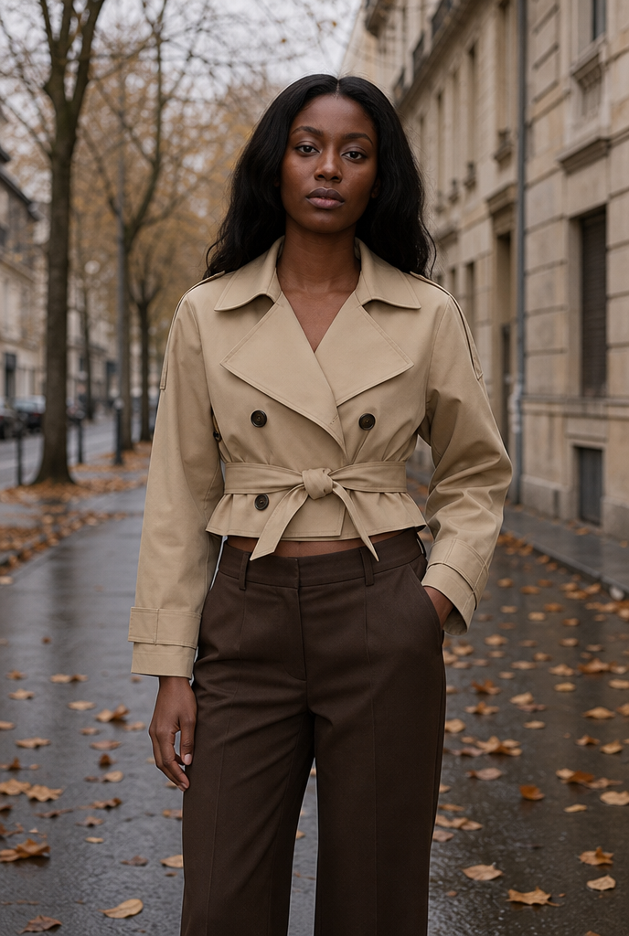 Woman in a cropped belted trench jacket on an autumn street