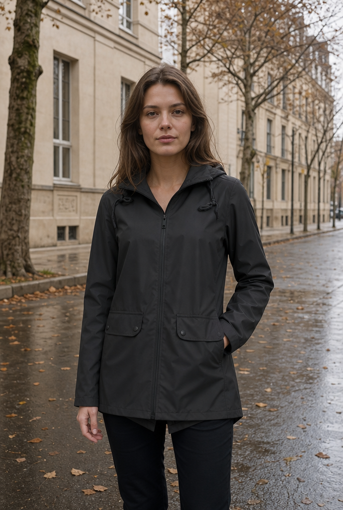 Woman in a waterproof hooded jacket on an autumn street