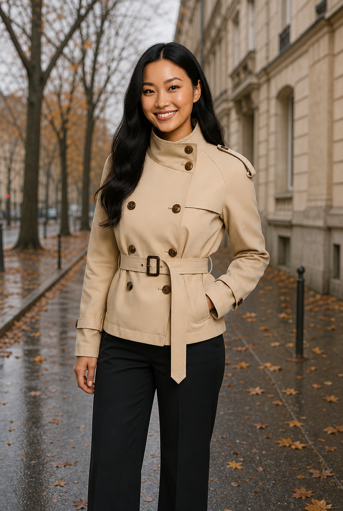 Woman in a cropped belted trench coat on an autumn street