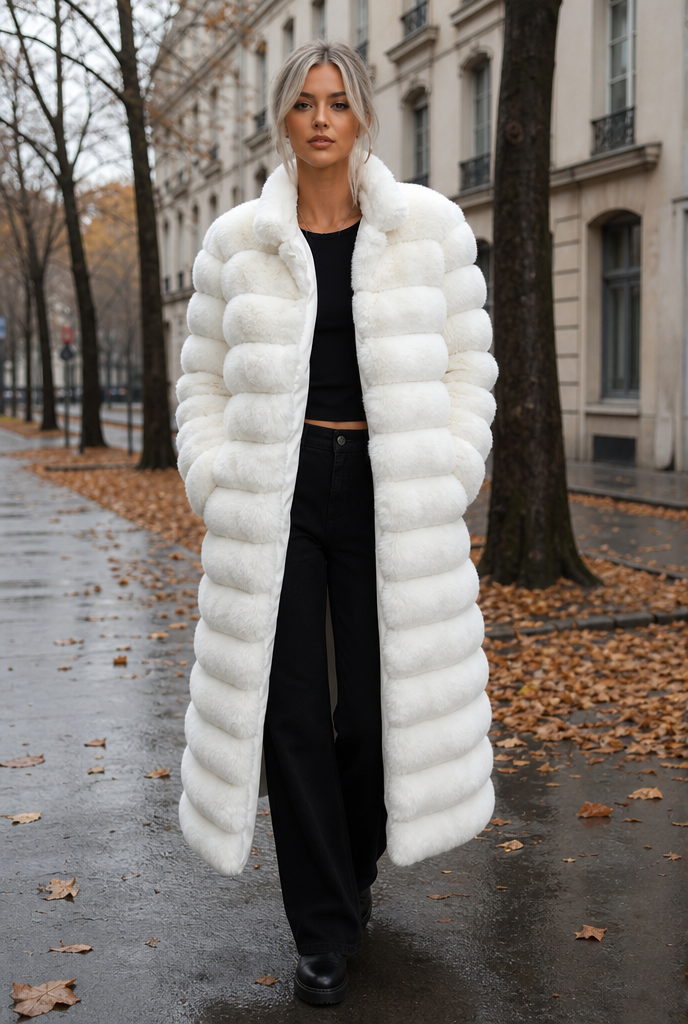 Woman in a plush faux fur longline coat on an autumn street