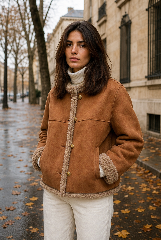 Woman in a shearling buttoned coat on an autumn street