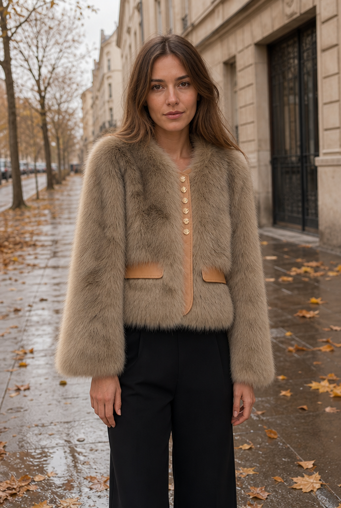 Woman in a cropped faux fur jacket on an autumn street