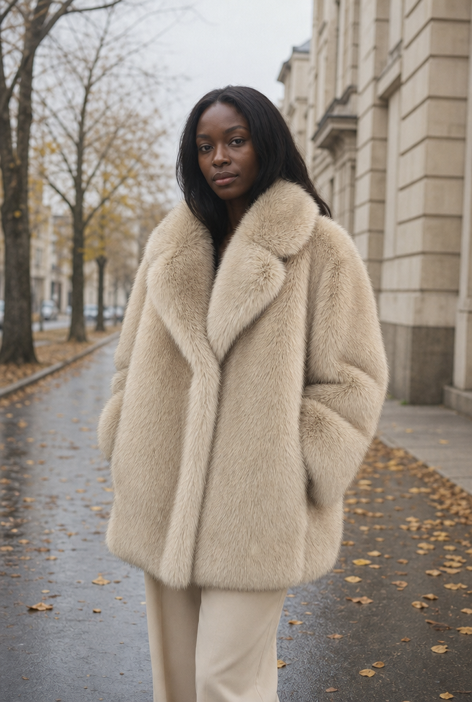 Woman in an oversized gradient faux fur coat on an autumn street
