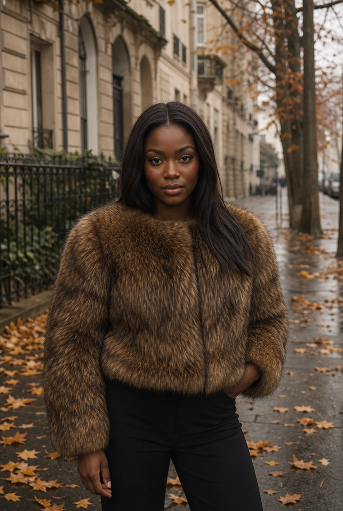 Woman in a collarless faux fur jacket on an autumn street